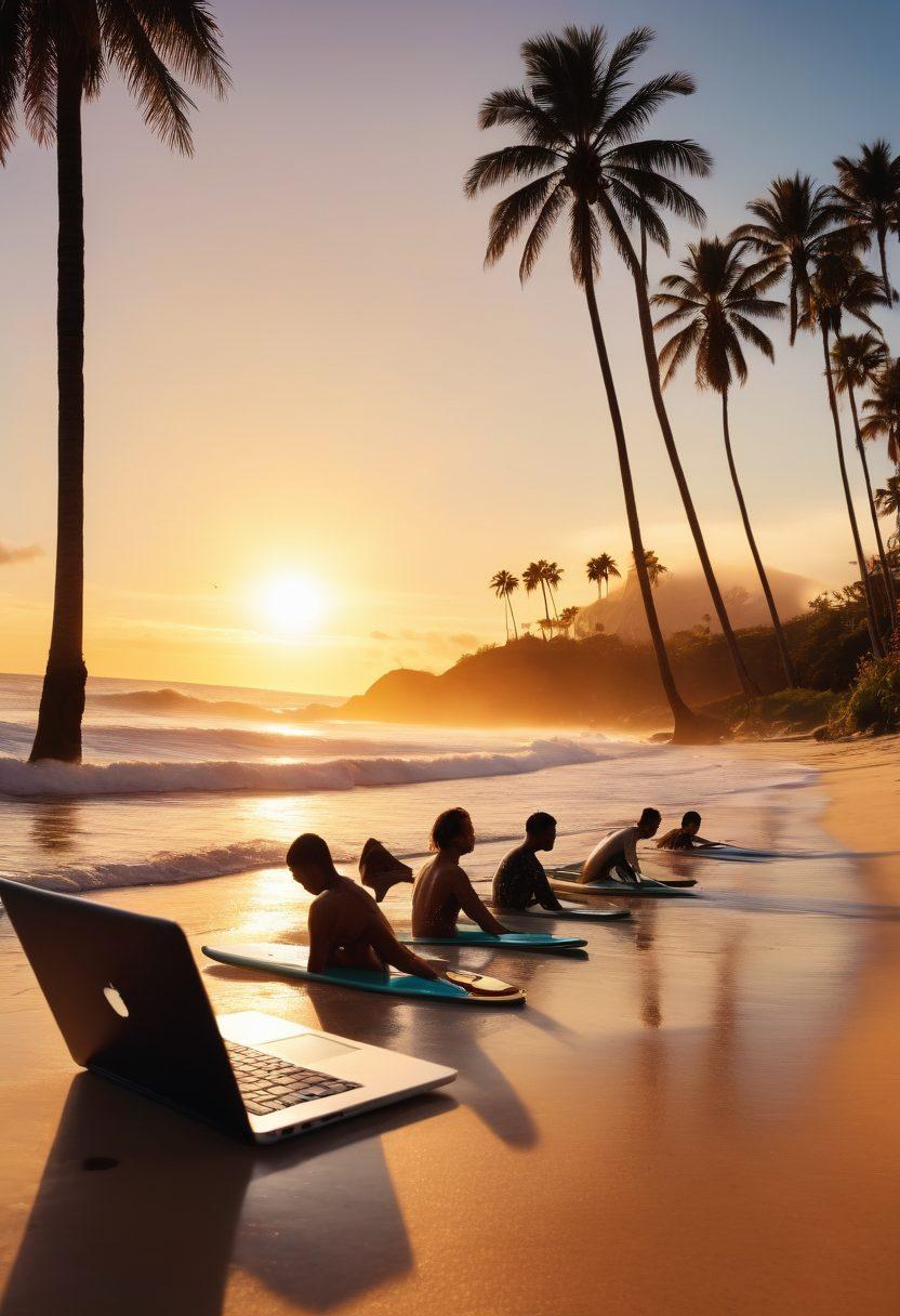 A dynamic scene capturing a diverse group of surfers discussing content creation on the beach, with laptops and surfboards scattered around. In the background, vibrant ocean waves reflect the sunset, symbolizing creativity and inspiration. Palm trees sway gently, adding to the relaxed vibe of the surf community. Bright colors, playful typography integrated into the sand, and a sense of motion depicting surfing culture. vibrant colors. super-realistic.