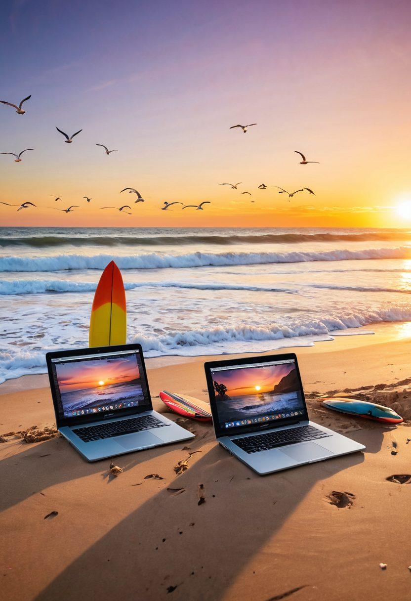 A vibrant beach scene with colorful surfboards resting in the sand, waves splashing in the background, and bloggers capturing content on laptops with surfing gear around them. The sun sets with warm, inviting colors while seagulls soar above. Illustrate the dynamic connection between surfing and blogging through elements like digital devices merging with ocean waves. super-realistic. vibrant colors. sunset ambiance.