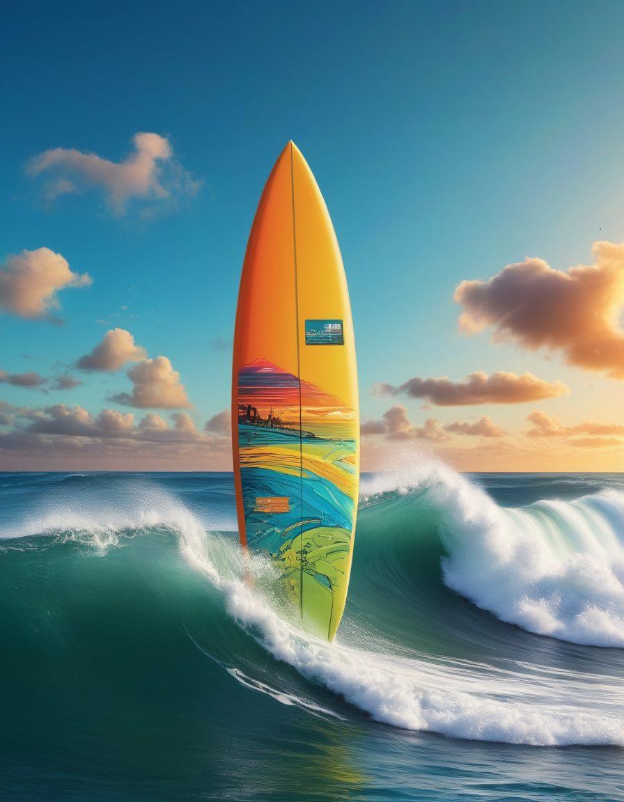 An artistic collage featuring a surfboard adorned with vibrant digital designs, symbolizing the fusion of ocean sports and digital publishing. In the background, showcase crashing waves intertwined with flowing lines of text and social media icons, illustrating the concept of storytelling through surfing. The color palette should be bright and lively, with shades of blue and green reflecting the ocean, contrasted with bold digital colors. Add a sun setting on the horizon, casting a warm glow. vibrant colors. 3D. painting.